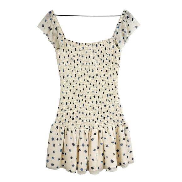 Wilfred Aritzia Eldorado Mini Dress Smocked Cream Navy Polka Dots - S - Picture 1 of 11
